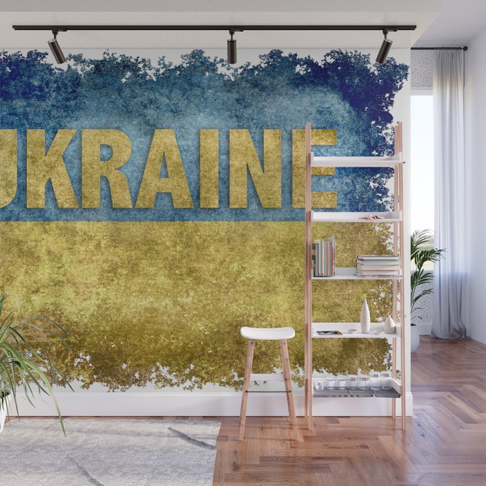 Ukrainian Flag of Ukraine grungy style with text Wall Mural