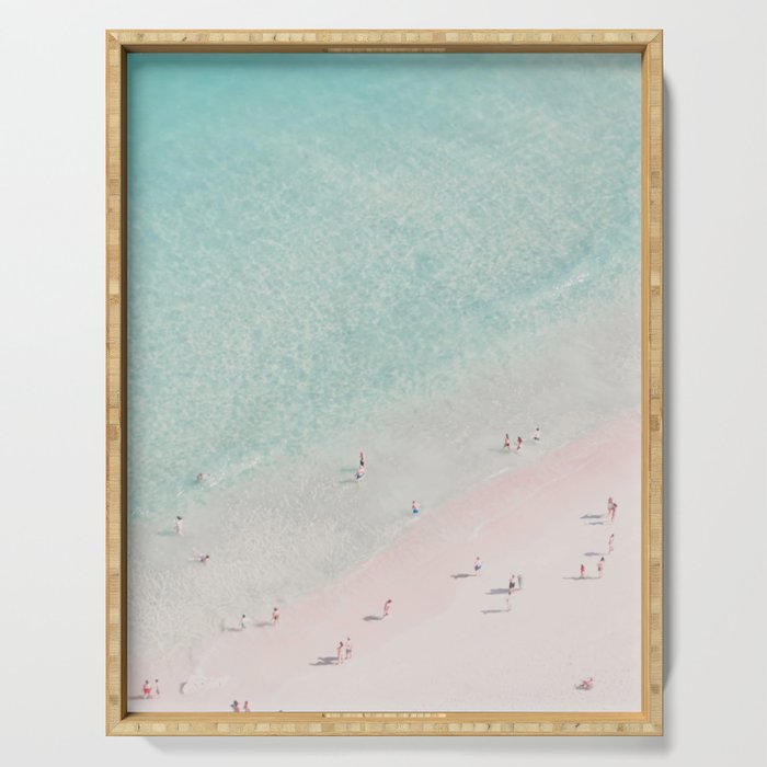 Aerial Beach Ocean Print - Beach People - Pink Sand - Pastel Sea - Minimal - Travel photography Serving Tray