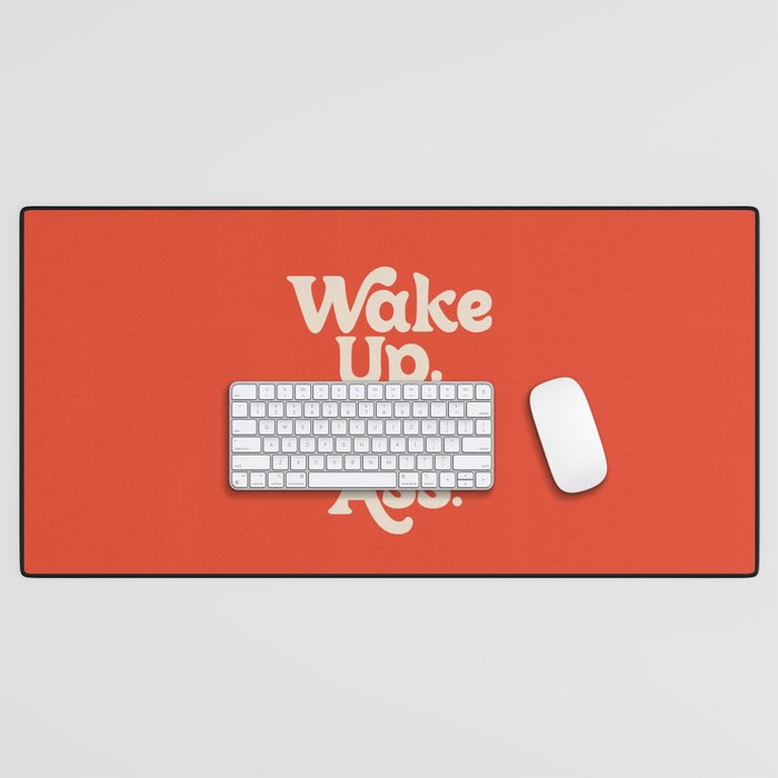 Wake Up Kick Ass motivational typography design in red Desk Mat