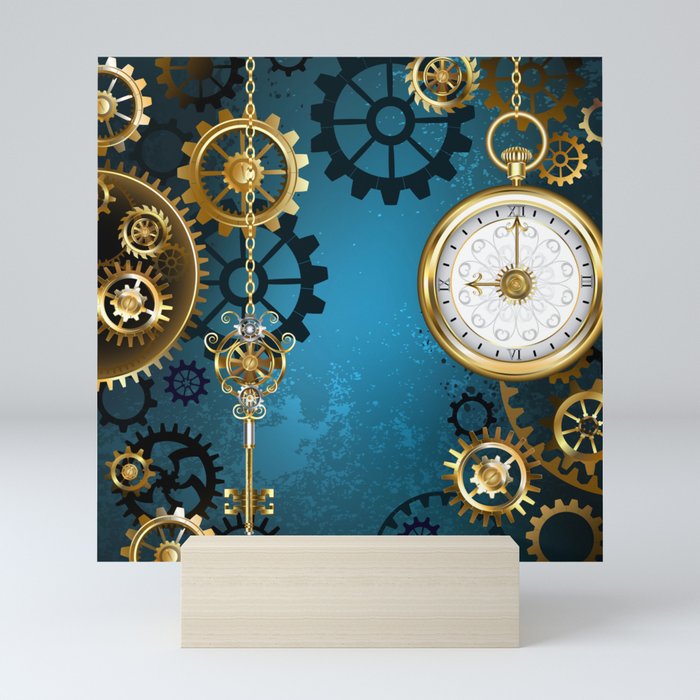 Turquoise Background with Gears ( Steampunk ) Mini Art Print