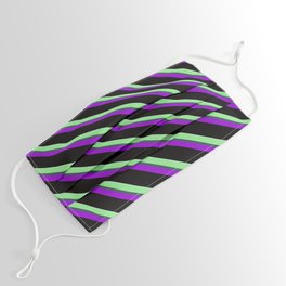 [ Thumbnail: Colorful Light Green, Dark Slate Gray, Dark Violet, Black, and Light Cyan Colored Stripes Pattern Face Mask ]