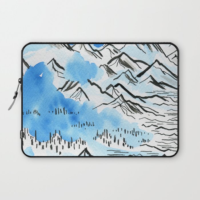 The Pyrenees -blue watercolor and ink line drawing abstract mountains Laptop Sleeve