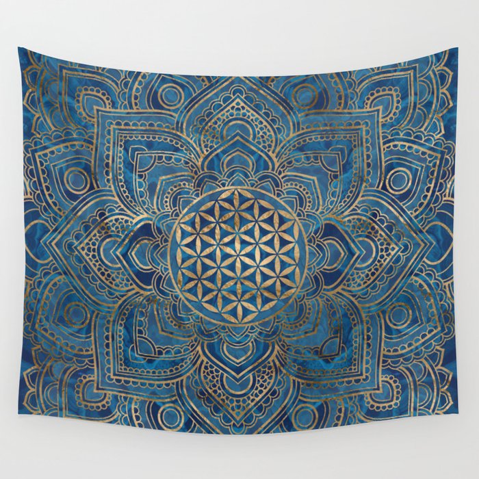 Flower of Life in Lotus Mandala - Blue Marble and Gold Wall Tapestry
