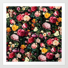 Floral D - Red, Pink, Yellow, Green, Black Baroque Floral Blossom Art Print