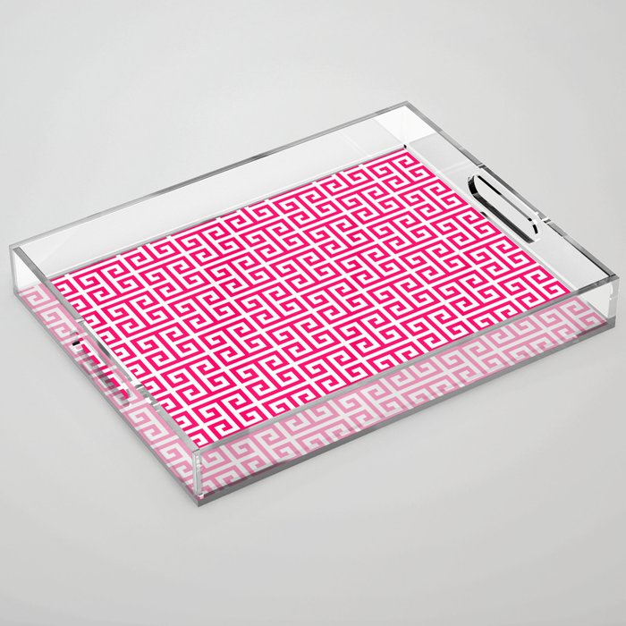 Hot Pink and White Greek Key Pattern Acrylic Tray