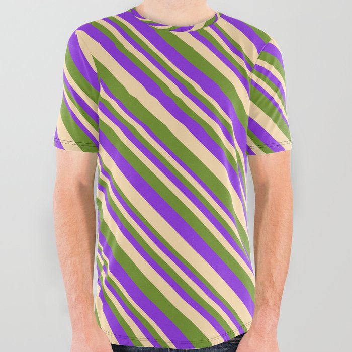 Purple, Tan, and Green Colored Lines Pattern All Over Graphic Tee