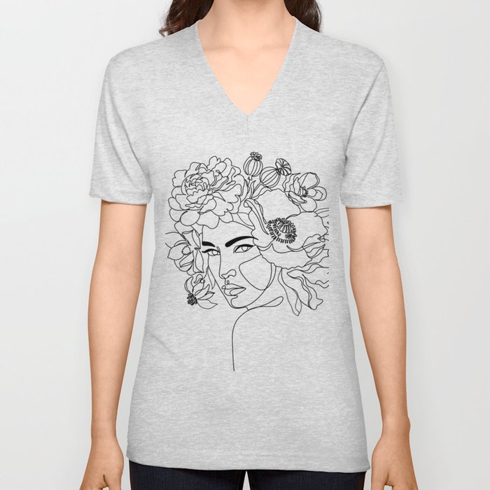 Flower Head Line V Neck T Shirt