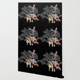 Print with forest animals and tree. Wallpaper | Babyprint, Branch, Fabulous, Rabbit, Deer, Wings, Hare, Graphics, Bird, Horns 