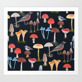 Birds and Mushrooms Art Print