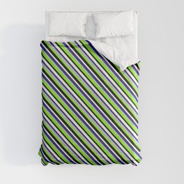 [ Thumbnail: Eyecatching Grey, Green, Black, White, and Midnight Blue Colored Striped Pattern Comforter ]