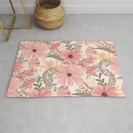 Pink Sage Green Floral Leaves Watercolor Pattern Area & Throw Rug