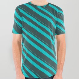 [ Thumbnail: Dark Turquoise & Dark Slate Gray Colored Lined Pattern All Over Graphic Tee ]