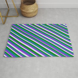 [ Thumbnail: Purple, Lavender, Green, and Dark Cyan Colored Striped/Lined Pattern Rug ]