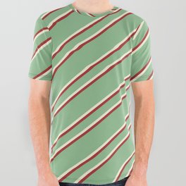 [ Thumbnail: Dark Sea Green, Beige & Brown Colored Stripes Pattern All Over Graphic Tee ]