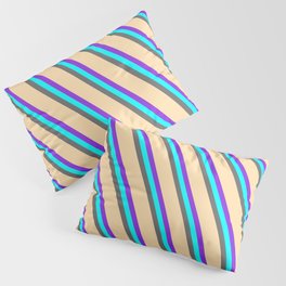 [ Thumbnail: Purple, Cyan, Dim Gray & Tan Colored Lined/Striped Pattern Pillow Sham ]