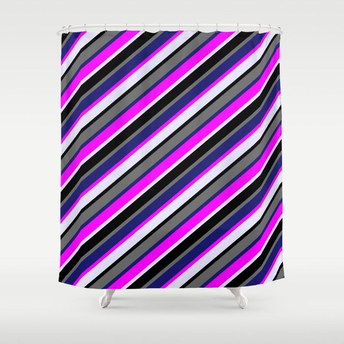 Colorful Fuchsia, Lavender, Black, Dim Grey & Midnight Blue Colored Stripes/Lines Pattern Shower Curtain