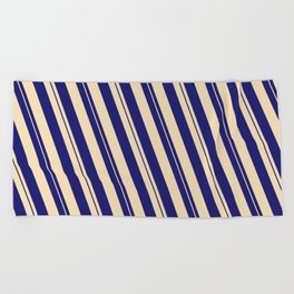 [ Thumbnail: Midnight Blue & Tan Colored Lined Pattern Beach Towel ]