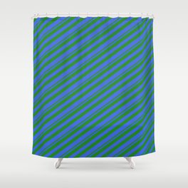 [ Thumbnail: Forest Green & Royal Blue Colored Lined Pattern Shower Curtain ]