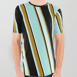 [ Thumbnail: Black, Dark Goldenrod, Turquoise & Mint Cream Colored Lined Pattern All Over Graphic Tee ]
