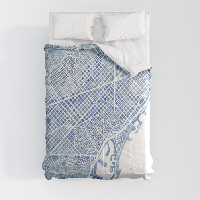 Barcelona Blueprint Watercolor City Map Comforter