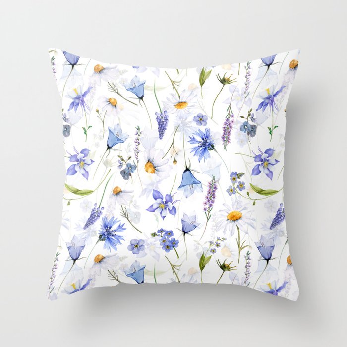 Watercolor Midsummer Blue And White Wildflowers Meadow Throw Pillow