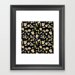 White Daisies Floral Field Pattern Seamless Cottagecore Midnight Black Background Framed Art Print
