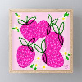 Strawberry Blossoms Hot Pink Berry Retro Modern Floral Mid-Century Pastel Kitchen Fruit Illustration Art Print Design  Framed Mini Art Print