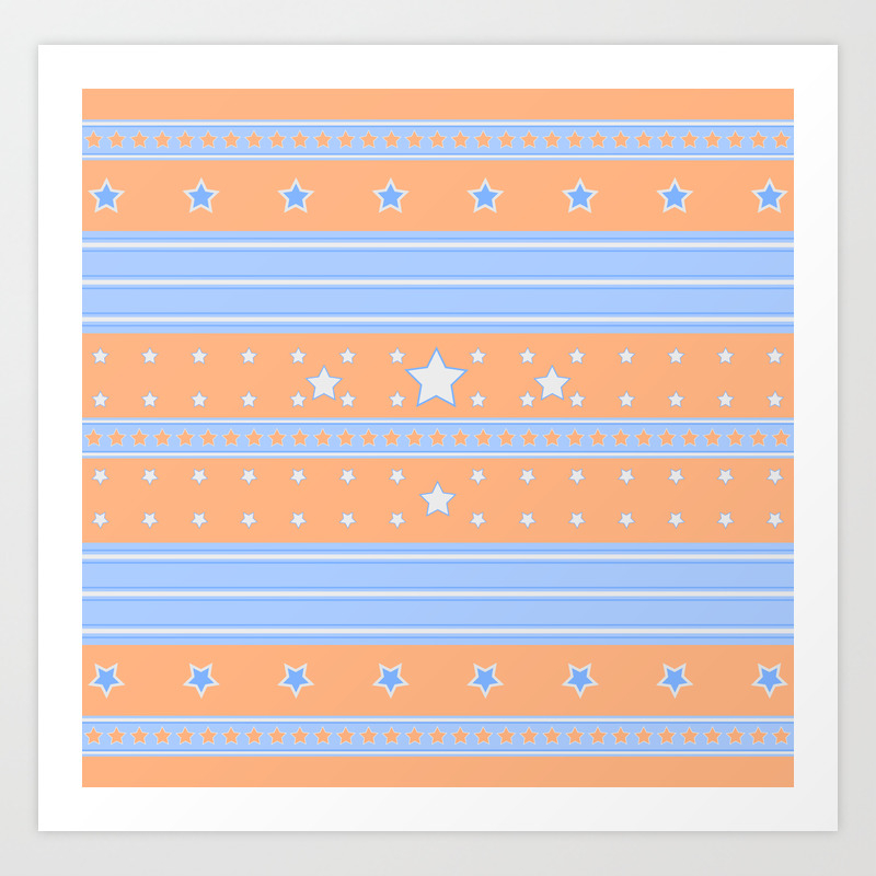 Striped Light Blue And Orange Background With Stars Art Print By