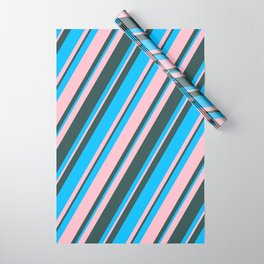 [ Thumbnail: Deep Sky Blue, Pink & Dark Slate Gray Colored Stripes Pattern Wrapping Paper ]