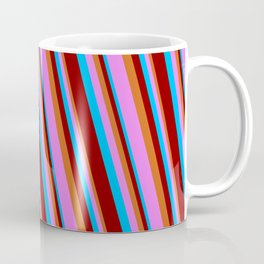 [ Thumbnail: Deep Sky Blue, Dark Red, Chocolate & Violet Colored Lines/Stripes Pattern Coffee Mug ]