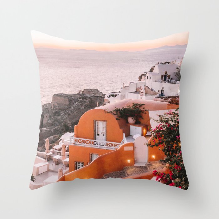 Sunset View over Santorini | Village of Oia in the Greek Cyclades | Orange and Yellow Tones: Travel Photography in Greece Throw Pillow