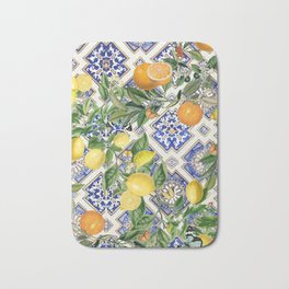Sicilian Citrus: Mediterranean tiles & vintage lemons & orange fruit pattern Bath Mat