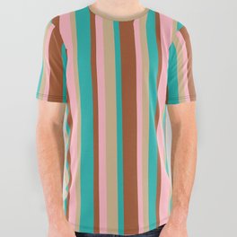 [ Thumbnail: Sienna, Light Sea Green, Tan & Light Pink Colored Stripes Pattern All Over Graphic Tee ]