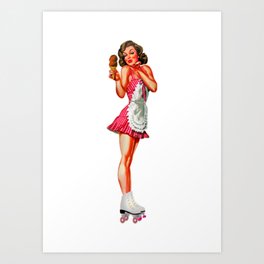 Sexy Brunette Pin Up With Icecream Skates And Maid Dress Art Print