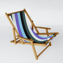 [ Thumbnail: Colorful Slate Blue, Sky Blue, Black, Dark Slate Gray & Mint Cream Colored Lined/Striped Pattern Sling Chair ]