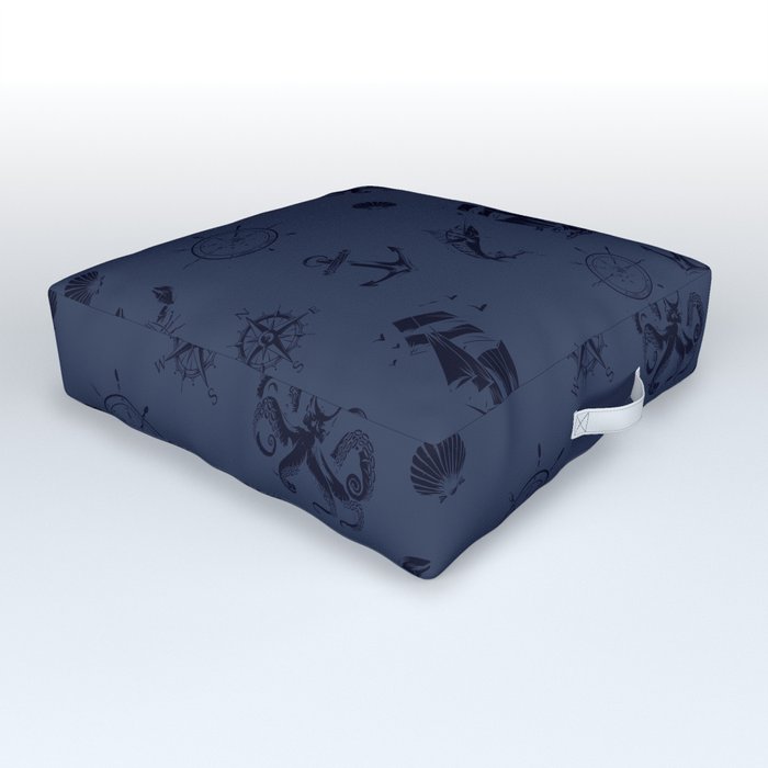 Navy Blue And Blue Silhouettes Of Vintage Nautical Pattern Outdoor Floor Cushion