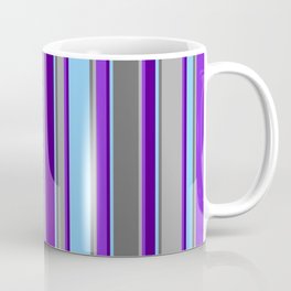 [ Thumbnail: Eye-catching Light Sky Blue, Indigo, Purple, Dark Gray & Dim Grey Colored Lines Pattern Coffee Mug ]