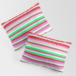 [ Thumbnail: Colorful Green, Red, Orchid, Pink, and White Colored Pattern of Stripes Pillow Sham ]