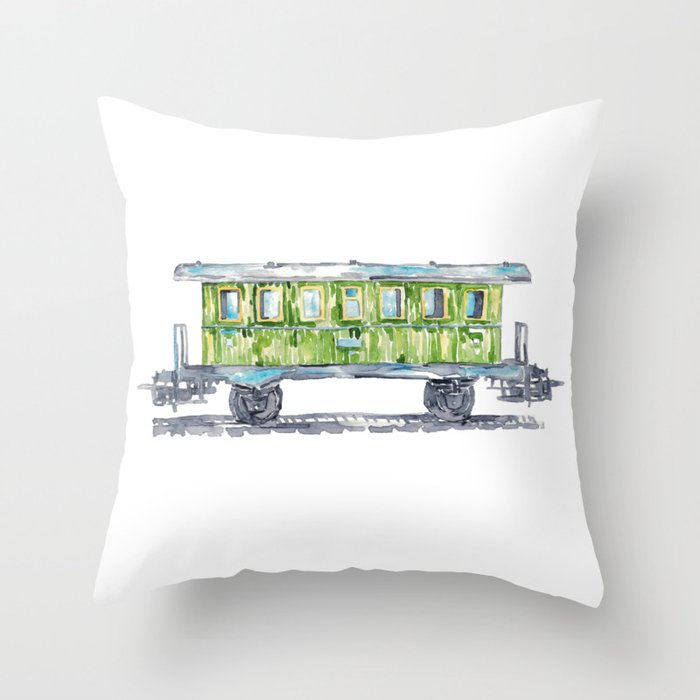 Green Vagon Train locomotive print Kids room wall decor painting watercolour Throw Pillow