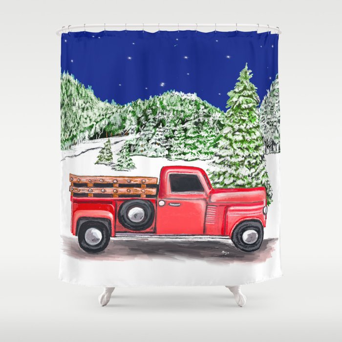 Old Red Farm Truck Winter Shower Curtain By Terinewberry Society6 Old Red Farm Truck Winter Shower Curtain