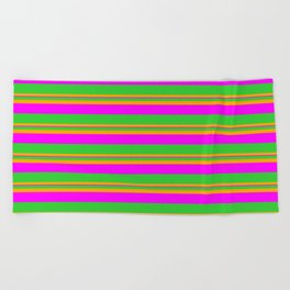 [ Thumbnail: Lime Green, Orange, and Fuchsia Colored Lined Pattern Beach Towel ]