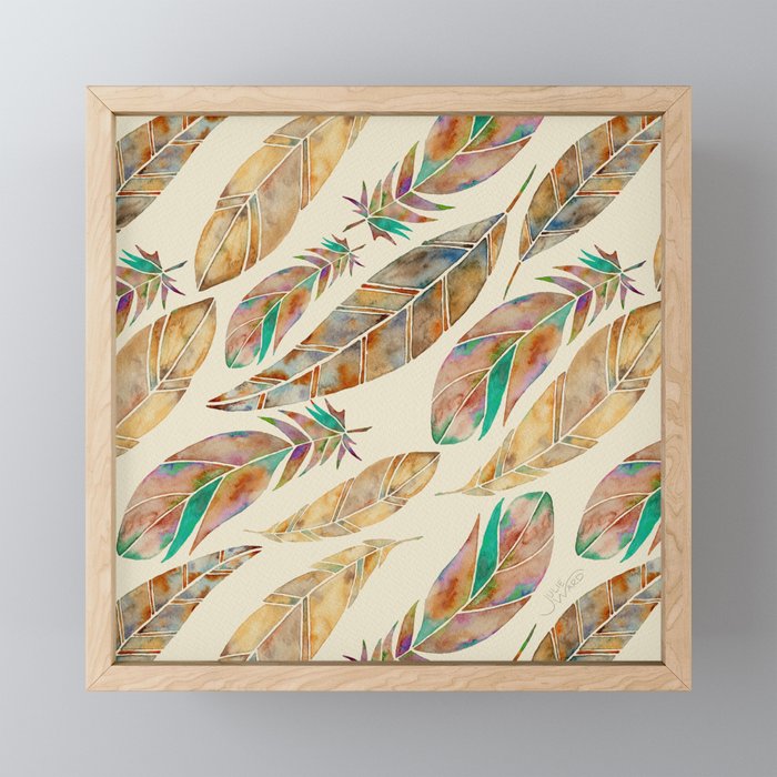 Watercolor Feathers Pattern - Rust & Patina on Cream Framed Mini Art Print