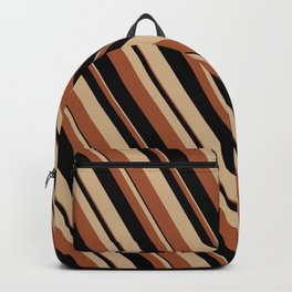 [ Thumbnail: Tan, Sienna & Black Colored Lines/Stripes Pattern Backpack ]
