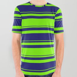 [ Thumbnail: Green and Midnight Blue Colored Lines/Stripes Pattern All Over Graphic Tee ]