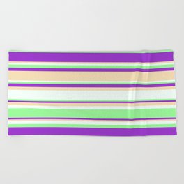 [ Thumbnail: Dark Orchid, Tan, Mint Cream, and Green Colored Stripes Pattern Beach Towel ]