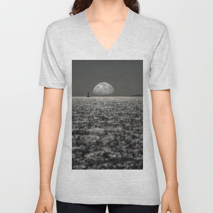 Sailing the Mediterranean by ocean moonlight black and white photograph - photography - photographs V Neck T Shirt