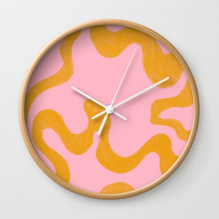 Cheerful Liquid Swirls - mustard yellow and pink Wall Clock