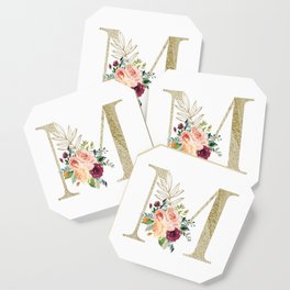 M Monogram Gold Foil Initial with Watercolor Flowers Coaster