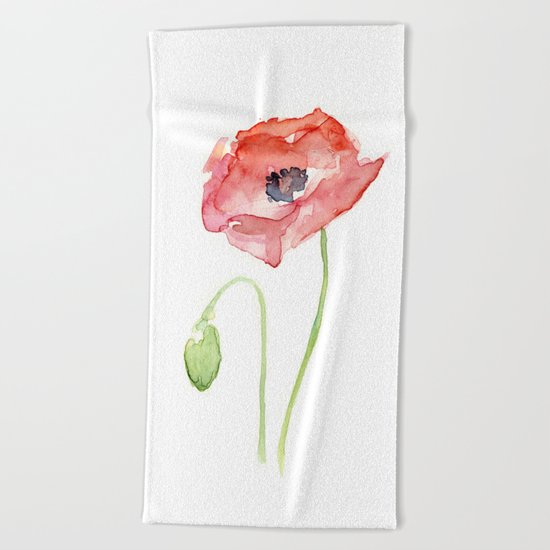 Red Poppy Watercolor Flower Floral Abstract Beach Towel