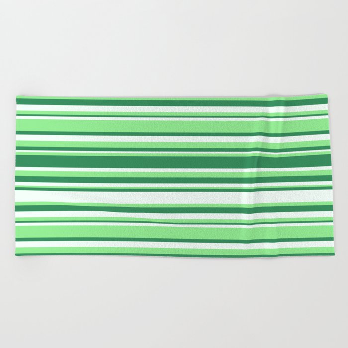 Light Green, Sea Green & Mint Cream Colored Striped Pattern Beach Towel
